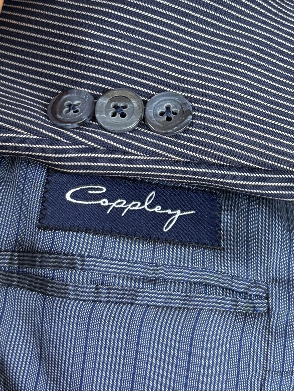 Coppley Sport Coat Mens 38S Navy Blue Pinstripe Wool Peak Collar Half Lined